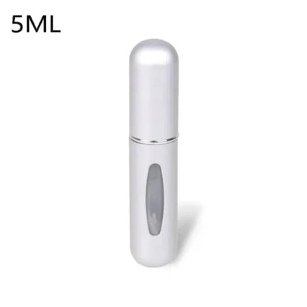 Silver portable perfume atomizer with viewing window, travel fragrance companion