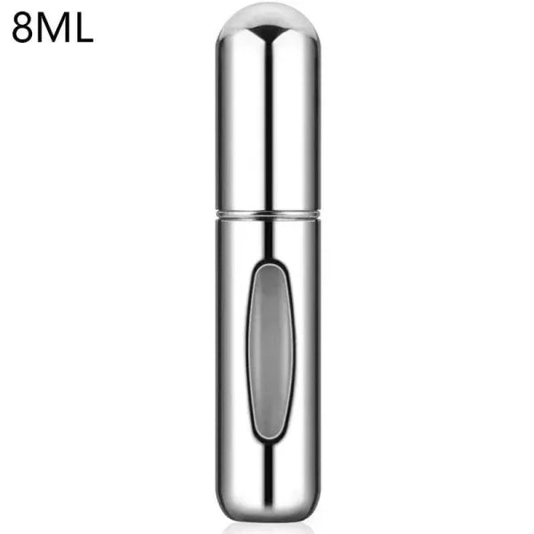 Sleek silver portable perfume atomizer with oval window, travel fragrance companion
