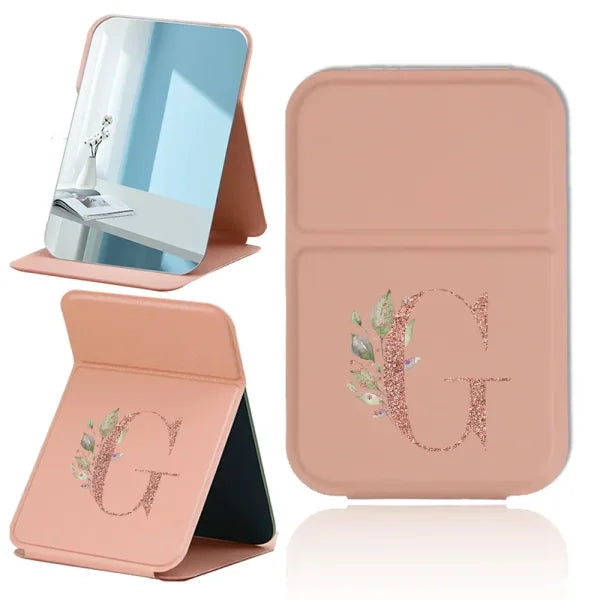 Portable PU Leather Travel Makeup Mirror – Foldable Handheld Desktop Pocket Mirror with Rose Gold Letter Design - G