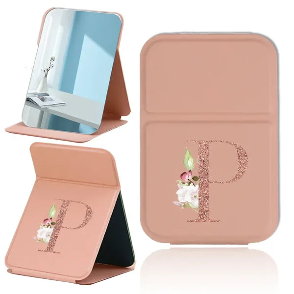 Portable PU Leather Travel Makeup Mirror – Foldable Handheld Desktop Pocket Mirror with Rose Gold Letter Design - P