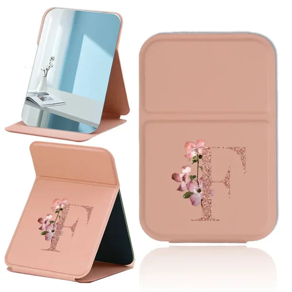 Portable PU Leather Travel Makeup Mirror – Foldable Handheld Desktop Pocket Mirror with Rose Gold Letter Design - F