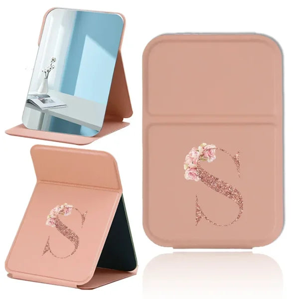 Portable PU Leather Travel Makeup Mirror – Foldable Handheld Desktop Pocket Mirror with Rose Gold Letter Design - S