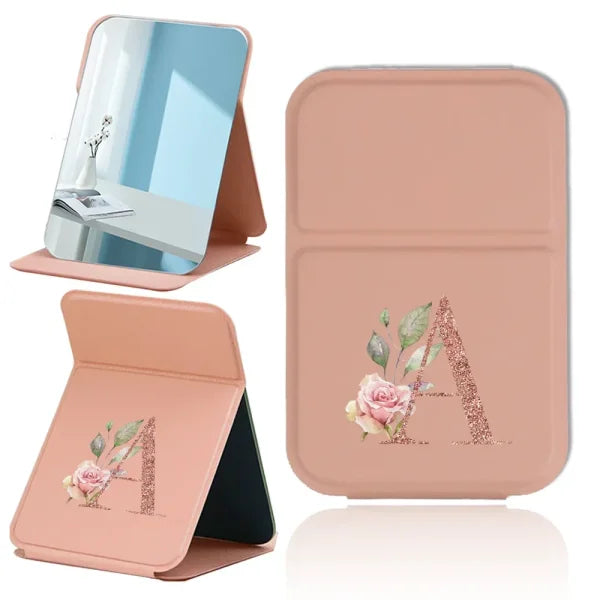 Portable PU Leather Travel Makeup Mirror – Foldable Handheld Desktop Pocket Mirror with Rose Gold Letter Design