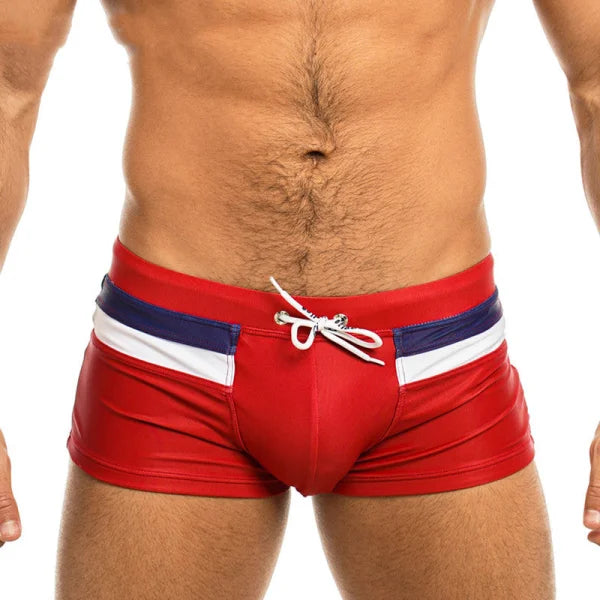Red swim briefs with blue and white stripes, ideal boxer shorts for men in nylon polyester size