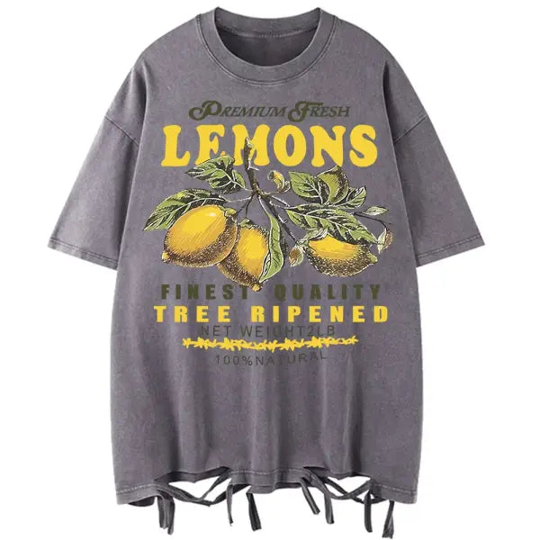 Women’s Premium ’Fresh Lemons’ Washed T-Shirt – Y2K Vintage Fruit Print Cotton Tee Retro Oversized Hip Hop Top Summer