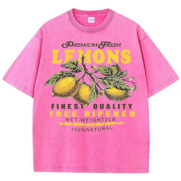 Women’s Premium ’Fresh Lemons’ Washed T-Shirt – Y2K Vintage Fruit Print Cotton Tee Retro Oversized Hip Hop Top Summer