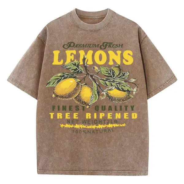 Women’s Premium ’Fresh Lemons’ Washed T-Shirt – Y2K Vintage Fruit Print Cotton Tee Retro Oversized Hip Hop Top Summer