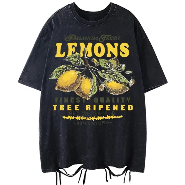 Women’s Premium ’Fresh Lemons’ Washed T-Shirt – Y2K Vintage Fruit Print Cotton Tee Retro Oversized Hip Hop Top Summer