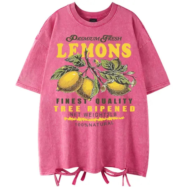 Women’s Premium ’Fresh Lemons’ Washed T-Shirt – Y2K Vintage Fruit Print Cotton Tee Retro Oversized Hip Hop Top Summer