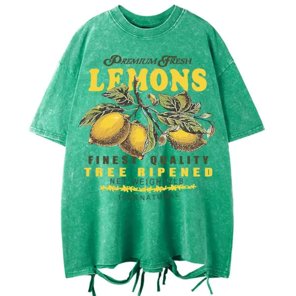 Women’s Premium ’Fresh Lemons’ Washed T-Shirt – Y2K Vintage Fruit Print Cotton Tee Retro Oversized Hip Hop Top Summer