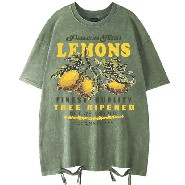 Women’s Premium ’Fresh Lemons’ Washed T-Shirt – Y2K Vintage Fruit Print Cotton Tee Retro Oversized Hip Hop Top Summer