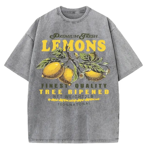 Women’s Premium ’Fresh Lemons’ Washed T-Shirt – Y2K Vintage Fruit Print Cotton Tee Retro Oversized Hip Hop Top Summer