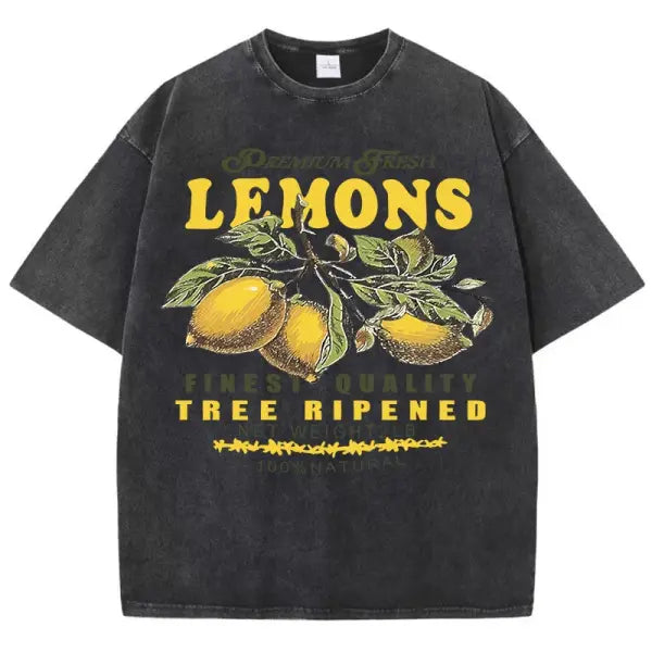Women’s Premium ’Fresh Lemons’ Washed T-Shirt – Y2K Vintage Fruit Print Cotton Tee Retro Oversized Hip Hop Top Summer