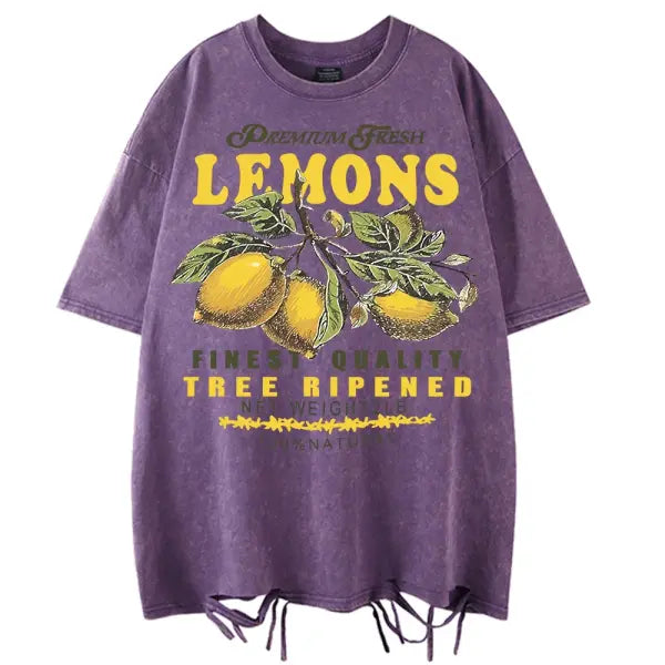 Women’s Premium ’Fresh Lemons’ Washed T-Shirt – Y2K Vintage Fruit Print Cotton Tee Retro Oversized Hip Hop Top Summer