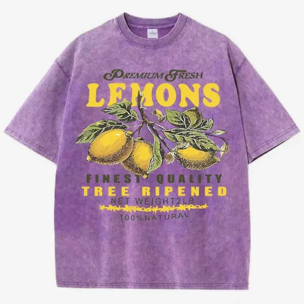 Women’s Premium ’Fresh Lemons’ Washed T-Shirt – Y2K Vintage Fruit Print Cotton Tee Retro Oversized Hip Hop Top Summer