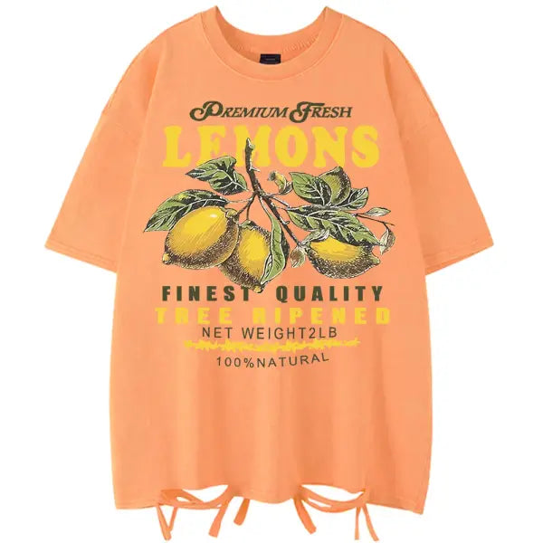 Women’s Premium ’Fresh Lemons’ Washed T-Shirt – Y2K Vintage Fruit Print Cotton Tee Retro Oversized Hip Hop Top Summer