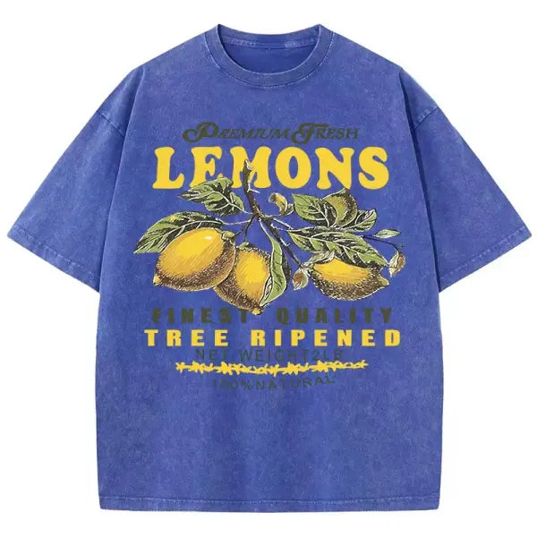 Women’s Premium ’Fresh Lemons’ Washed T-Shirt – Y2K Vintage Fruit Print Cotton Tee Retro Oversized Hip Hop Top Summer