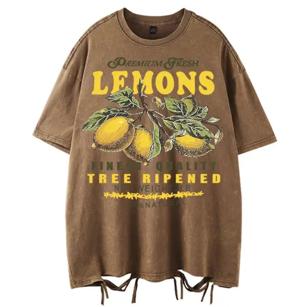Women’s Premium ’Fresh Lemons’ Washed T-Shirt – Y2K Vintage Fruit Print Cotton Tee Retro Oversized Hip Hop Top Summer