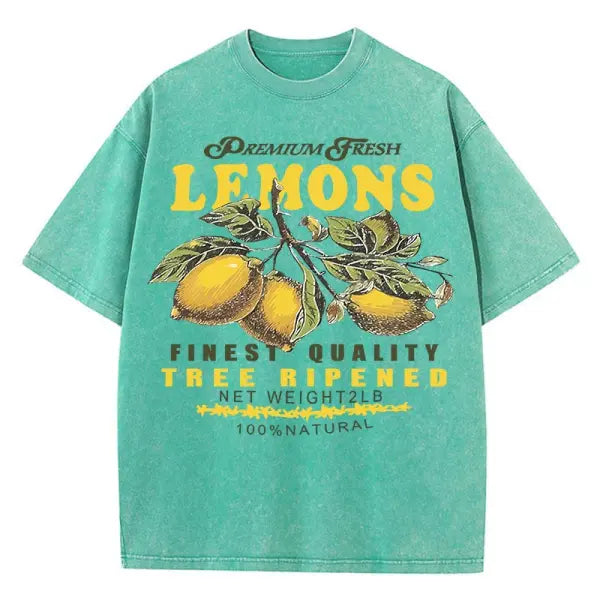 Women’s Premium ’Fresh Lemons’ Washed T-Shirt – Y2K Vintage Fruit Print Cotton Tee Retro Oversized Hip Hop Top Summer