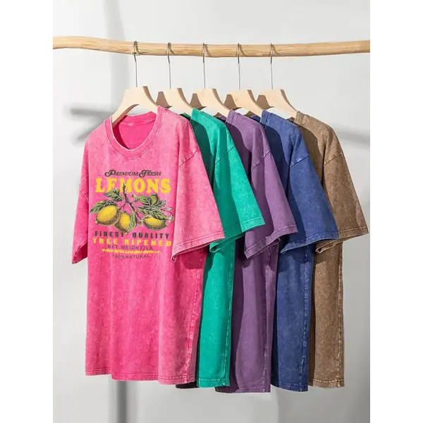 Women’s Premium ’Fresh Lemons’ Washed T-Shirt – Y2K Vintage Fruit Print Cotton Tee Retro Oversized Hip Hop Top Summer