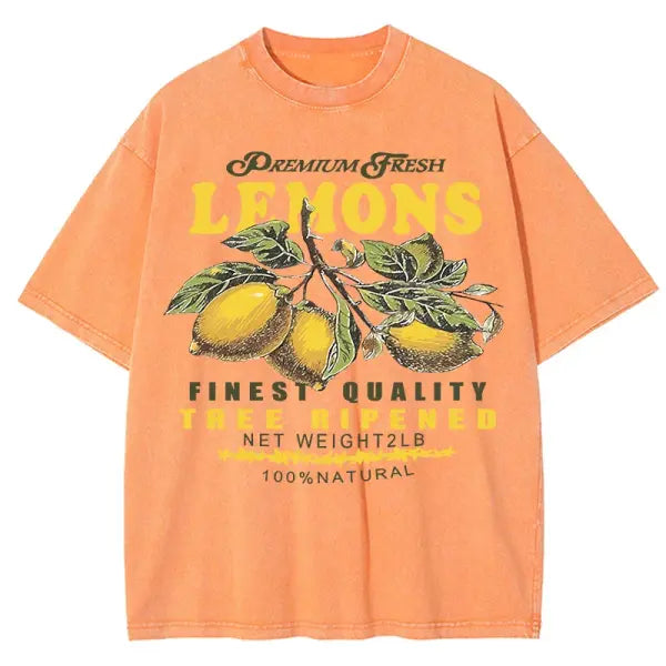 Women’s Premium ’Fresh Lemons’ Washed T-Shirt – Y2K Vintage Fruit Print Cotton Tee Retro Oversized Hip Hop Top Summer