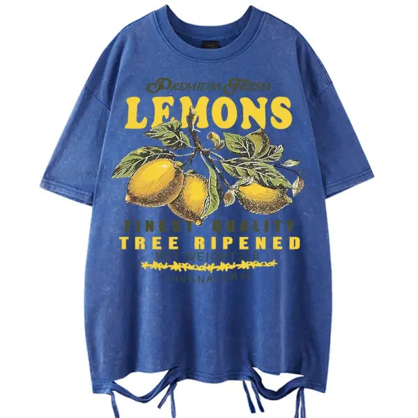 Women’s Premium ’Fresh Lemons’ Washed T-Shirt – Y2K Vintage Fruit Print Cotton Tee Retro Oversized Hip Hop Top Summer