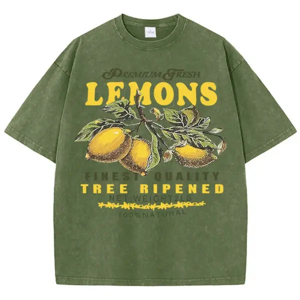 Women’s Premium ’Fresh Lemons’ Washed T-Shirt – Y2K Vintage Fruit Print Cotton Tee Retro Oversized Hip Hop Top Summer