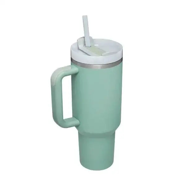 Premium stainless steel vacuum coffee cup insulated tumbler in mint green with handle and straw