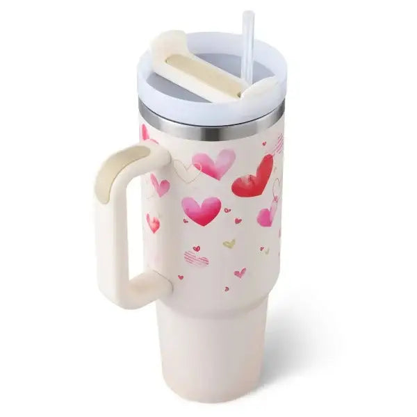Premium stainless steel vacuum coffee cup with pink heart patterns