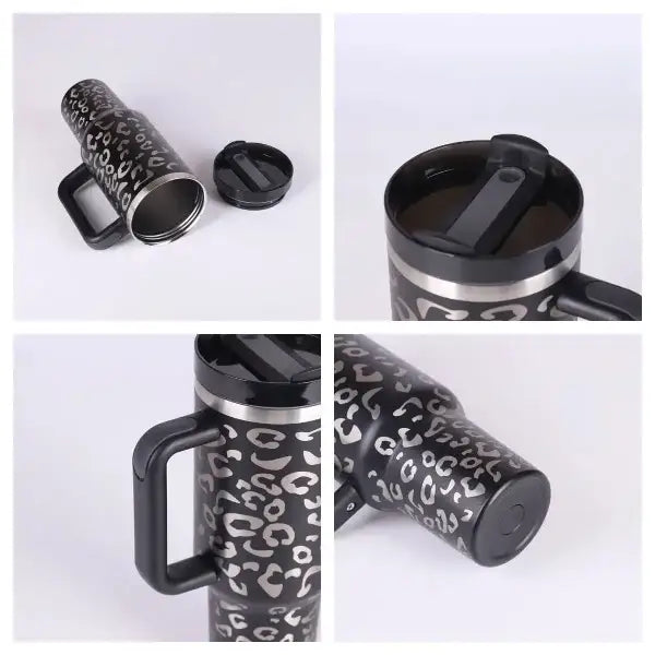 Premium stainless steel vacuum coffee cup with black silver leopard print