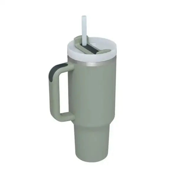 Premium stainless steel vacuum coffee cup sage green insulated tumbler with handle and straw