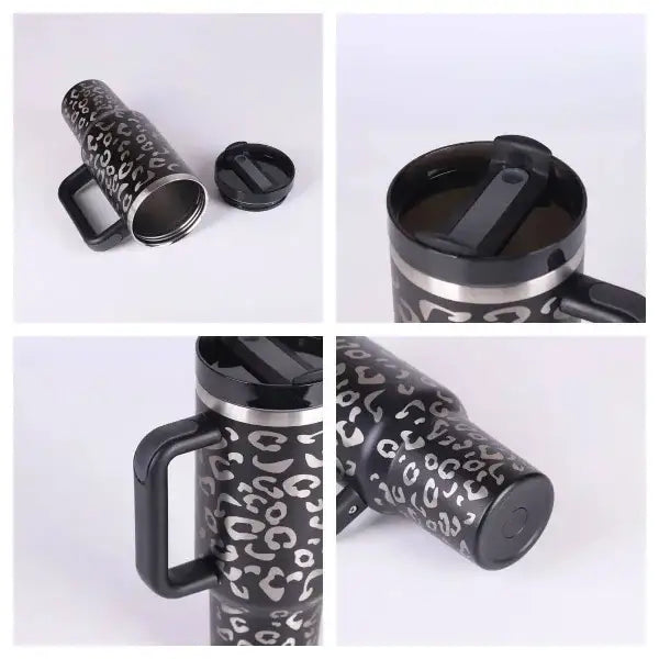 Premium stainless steel vacuum coffee cup with black silver leopard print