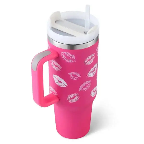 Pink premium stainless steel vacuum coffee cup with white lip prints