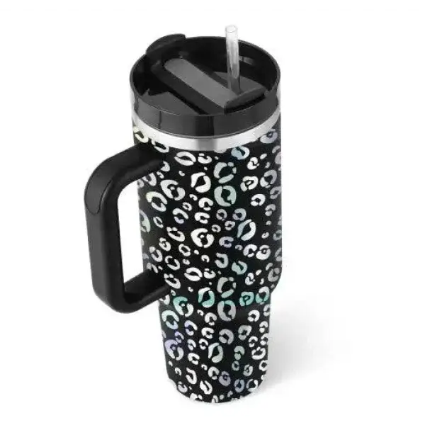 Premium stainless steel vacuum coffee cup with white mint leopard print