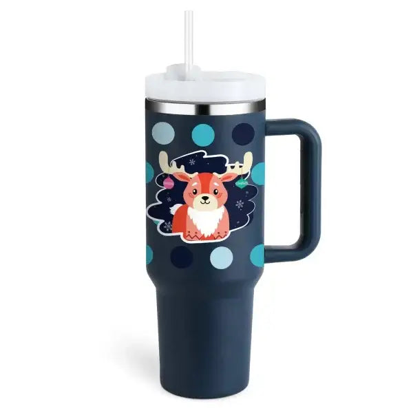 Premium stainless steel vacuum coffee cup with reindeer-corgi design