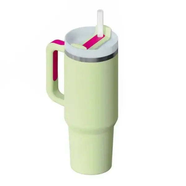 Premium stainless steel vacuum coffee cup: mint green insulated tumbler with pink handle and white straw
