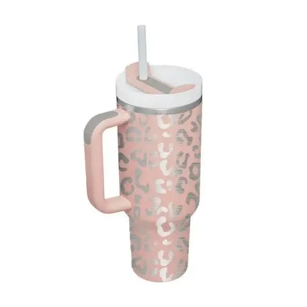 Premium stainless steel vacuum coffee cup with pink silver leopard print