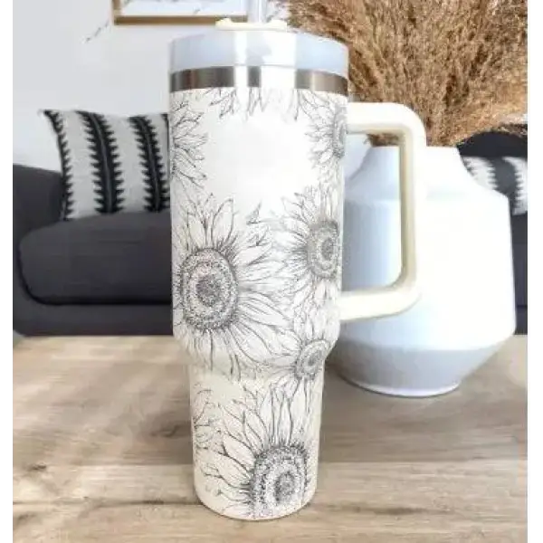 Premium stainless steel vacuum coffee cup with black sunflower sketches