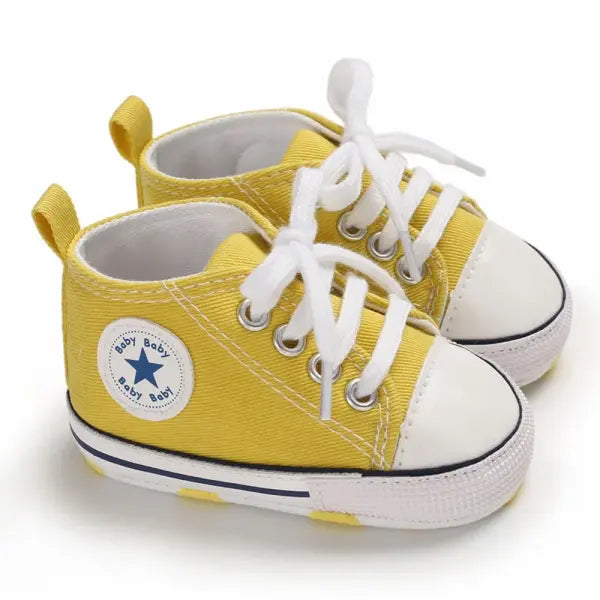 Baby Canvas Sneakers – Print Star Sports First Walker Shoes for Newborn Boys & Girls Anti-Slip Toddler Shoes - Yellow