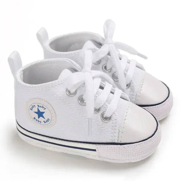 Baby Canvas Sneakers – Print Star Sports First Walker Shoes for Newborn Boys & Girls Anti-Slip Toddler Shoes - White