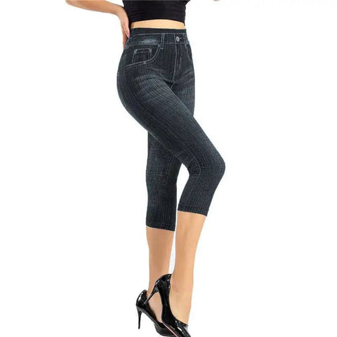 Printed Denim Leggings: Fashionable Slim Fit - Black A / XXXL