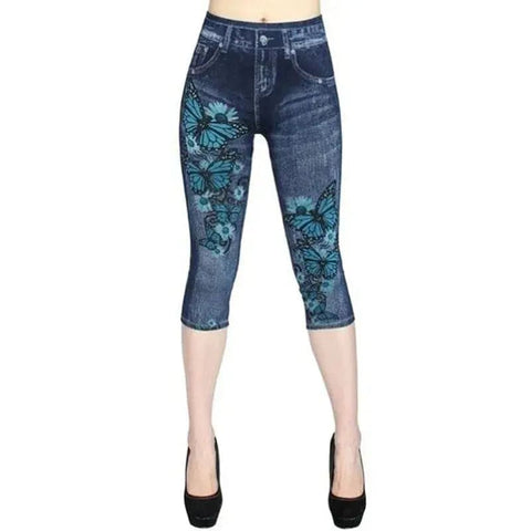 Printed Denim Leggings: Fashionable Slim Fit - Drak Blue B / XXXL