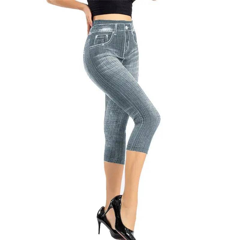 Printed Denim Leggings: Fashionable Slim Fit - Grey A / XXXL