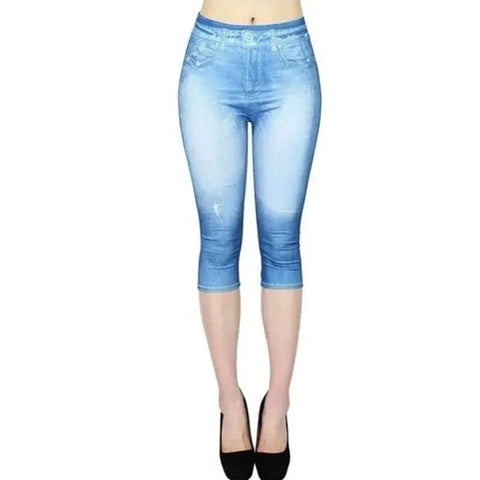 Printed Denim Leggings: Fashionable Slim Fit - Light Blue B / XL