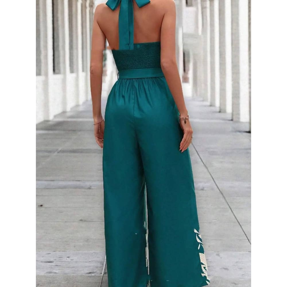 Printing Series Belt Halter Backless Jumpsuit For Women