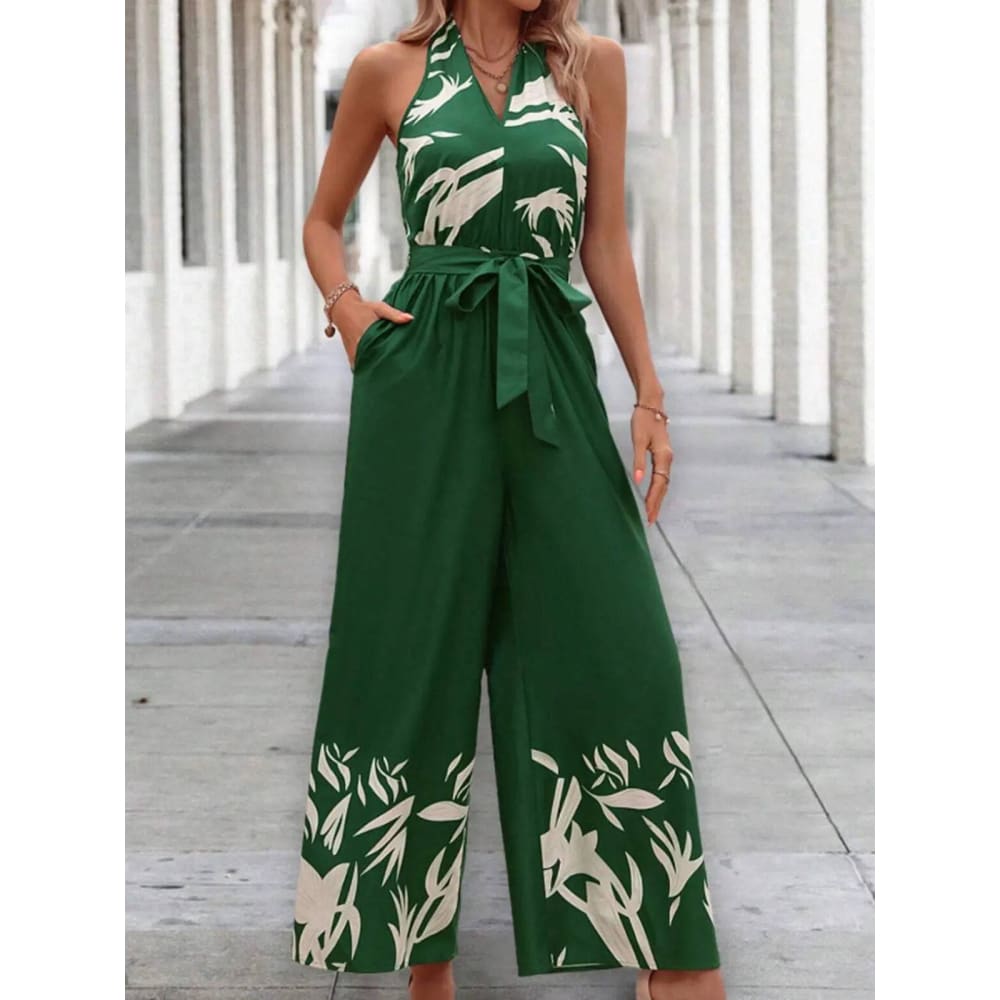 Printing Series Belt Halter Backless Jumpsuit For Women