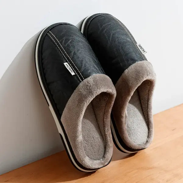 Men’s PU Leather Winter Slippers – Waterproof Fur-Lined Indoor Cotton House Shoes Large Sizes