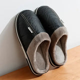 Men’s PU Leather Winter Slippers – Waterproof Fur-Lined Indoor Cotton House Shoes Large Sizes