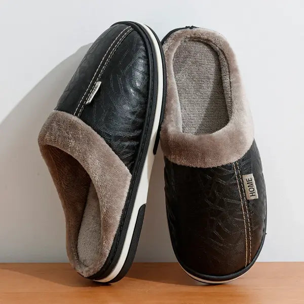 Men’s PU Leather Winter Slippers – Waterproof Fur-Lined Indoor Cotton House Shoes Large Sizes