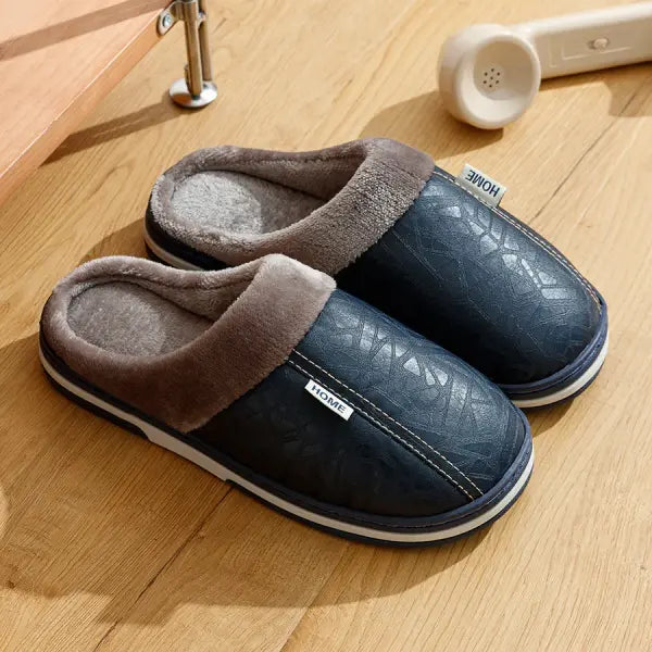 Men’s PU Leather Winter Slippers – Waterproof Fur-Lined Indoor Cotton House Shoes Large Sizes - Blue / 48-49(fit 47-48)